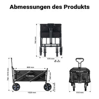 Toboli Carretto a mano pieghevole, max 100 kg, tessuto impermeabile nero e manico telescopico, Carrello spiaggia