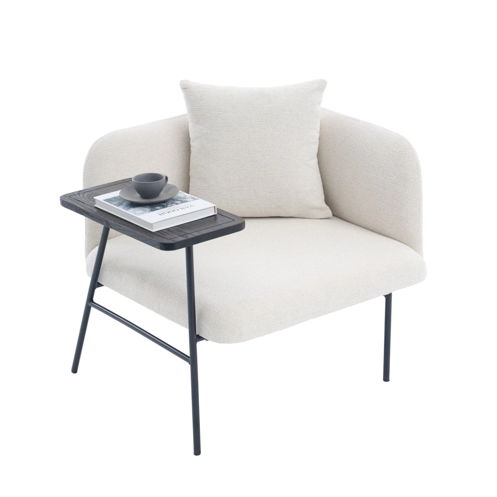 Poltrona relax con tavolino laterale e tasche portaoggetti; in chenille beige; 86x72x71 cm