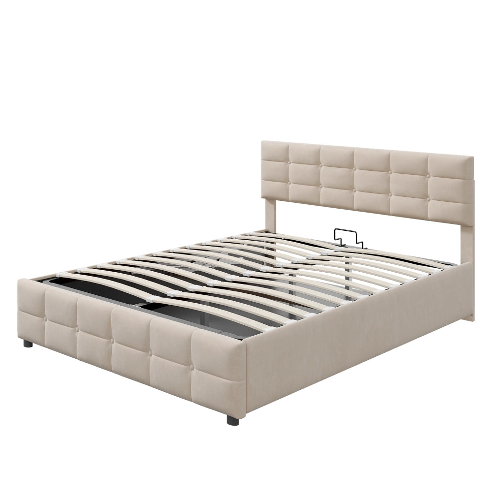 Letto imbottito 180 × 200 cm 2 posti con contenitore idraulico, senza materasso, in velluto beige