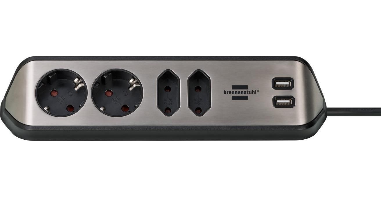 Brennenstuhl 1153590410 prolunghe e multiple 2 m 4 presa(e) AC Interno Nero, Argento