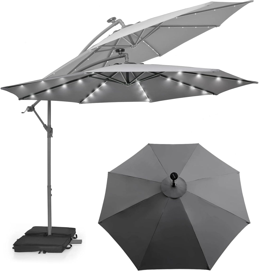 Ombrellone da Giardino con LED e Pannello Solare, Ombrellone Parasole con Sacchi di Sabbia, Anti UV, Impermeabile, Regolabile ad Angolo, Ombrellone da Giardino 3x3 con Manovella