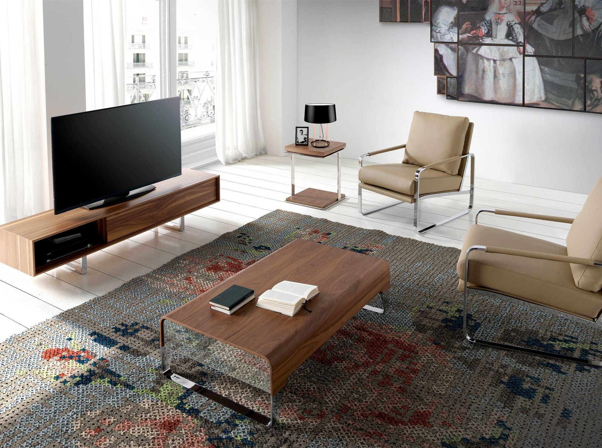 Tavolo angolare quadrato in noce e acciaio cromato