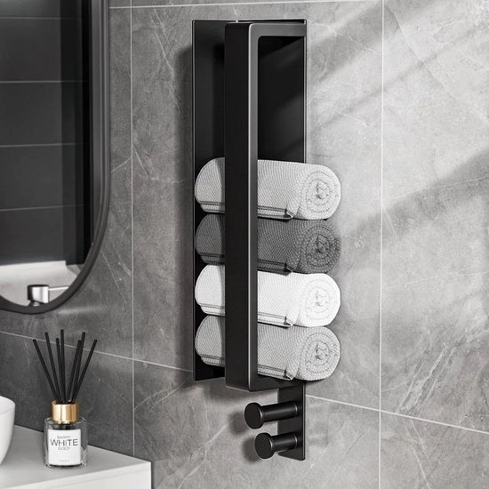 Maniglione per asciugamani senza perforazione, supporto per asciugamani nero, maniglione in acciaio inossidabile, supporto per asciugamani a doppio ripiano per bagno e cucina, 43 cm.