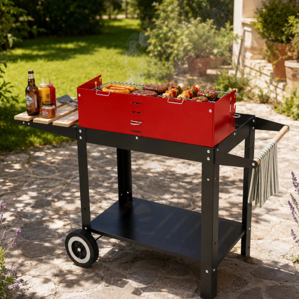 Barbecue Con Griglia Regolabile Accessori Inclusi Ripiano Laterale Mensola Inferiore Ruote Integrate E Griglia Scaldavivande 86 x 40.5 x 81 Cm Nero