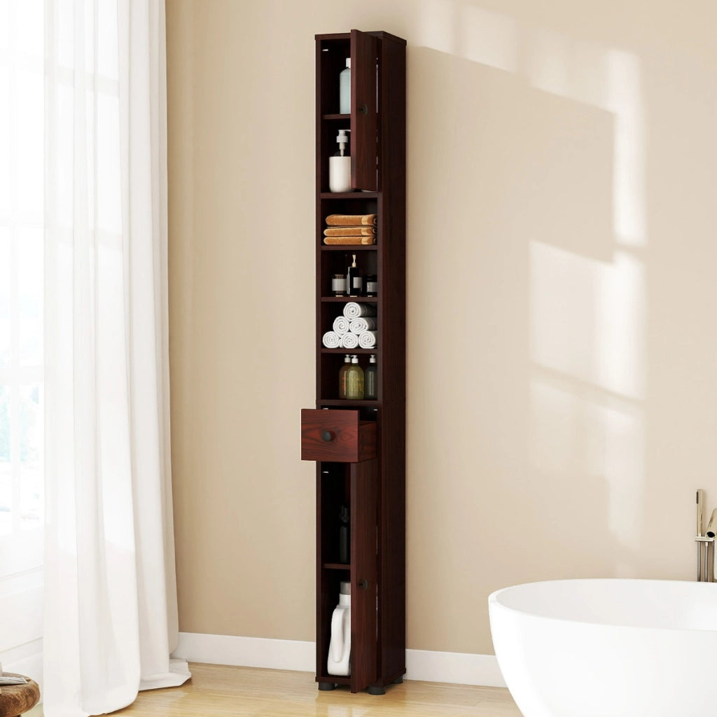 Armadio da bagno alto-Mobiletto da bagno slim con 1 cassetto di stoccaggio, Armadio da bagno 5 ripiani regolabili struttura antiscivolo Marrone scuro