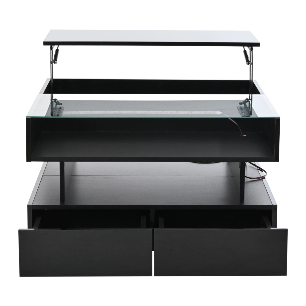 Tavolino da caffè con piano sollevabile; 2 cassetti e LED - per soggiorno - 80×80×45 cm - nero