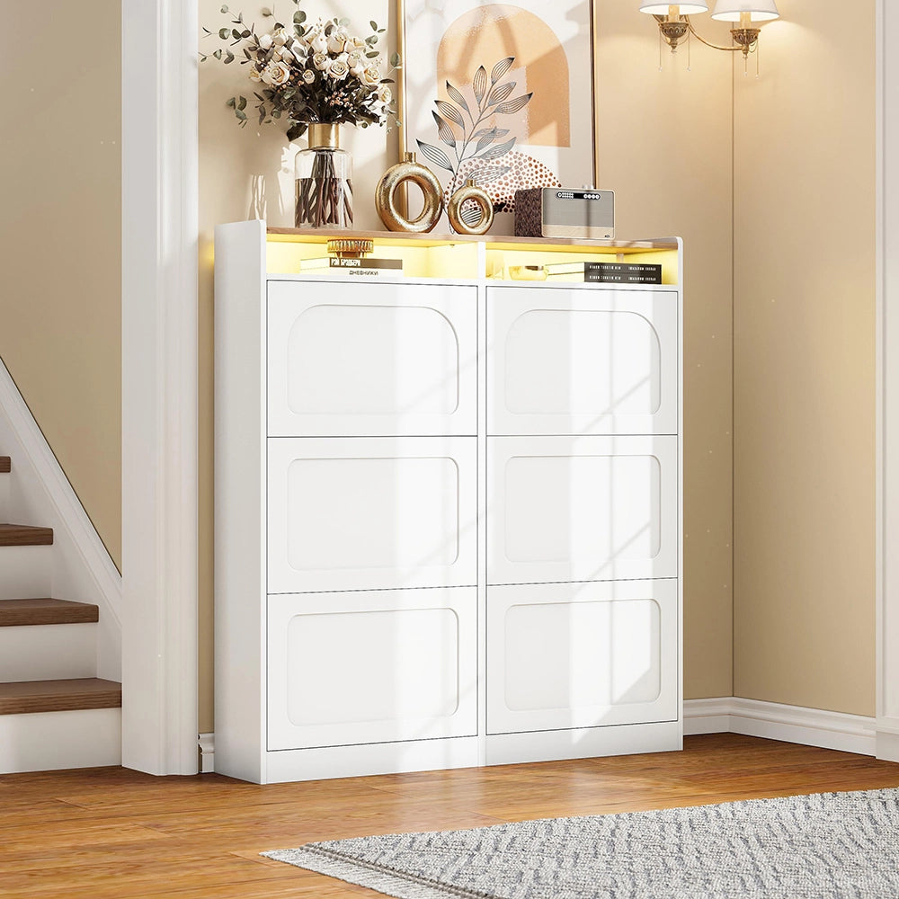 Scarpiera moderna con LED - Xylo - 120x130x24 cm - Bianco naturale - 6 scompartimenti a ribalta