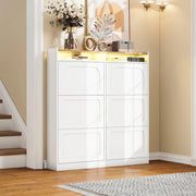 Scarpiera moderna con LED - Xylo - 120x130x24 cm - Bianco naturale - 6 scompartimenti a ribalta