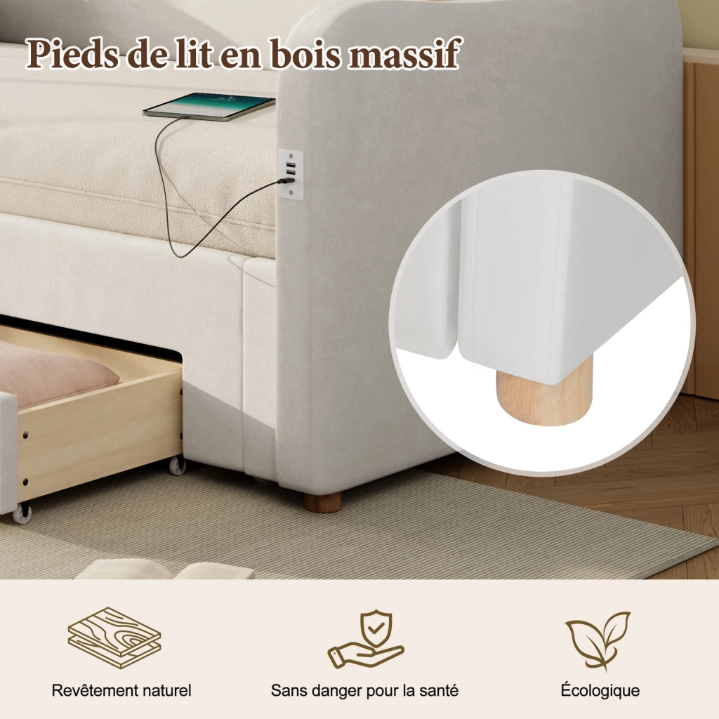 Letto Estraibile 90x200 cm e 180x200 cm; con Cassetti; USB e Type-C in Velluto Beige