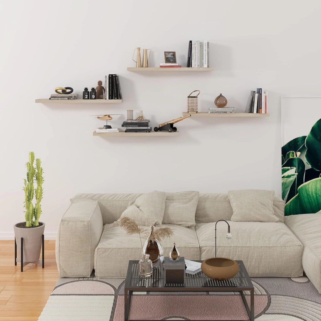 Mensole da Muro, Set di 4 Mensole da Muro, Quercia, 60cm, in Legno MDF, Librerie Scaffale da Parete Portaoggetti, Stile rétro, Mensole Sospese Decorative per Salotto Cucina Corridoio