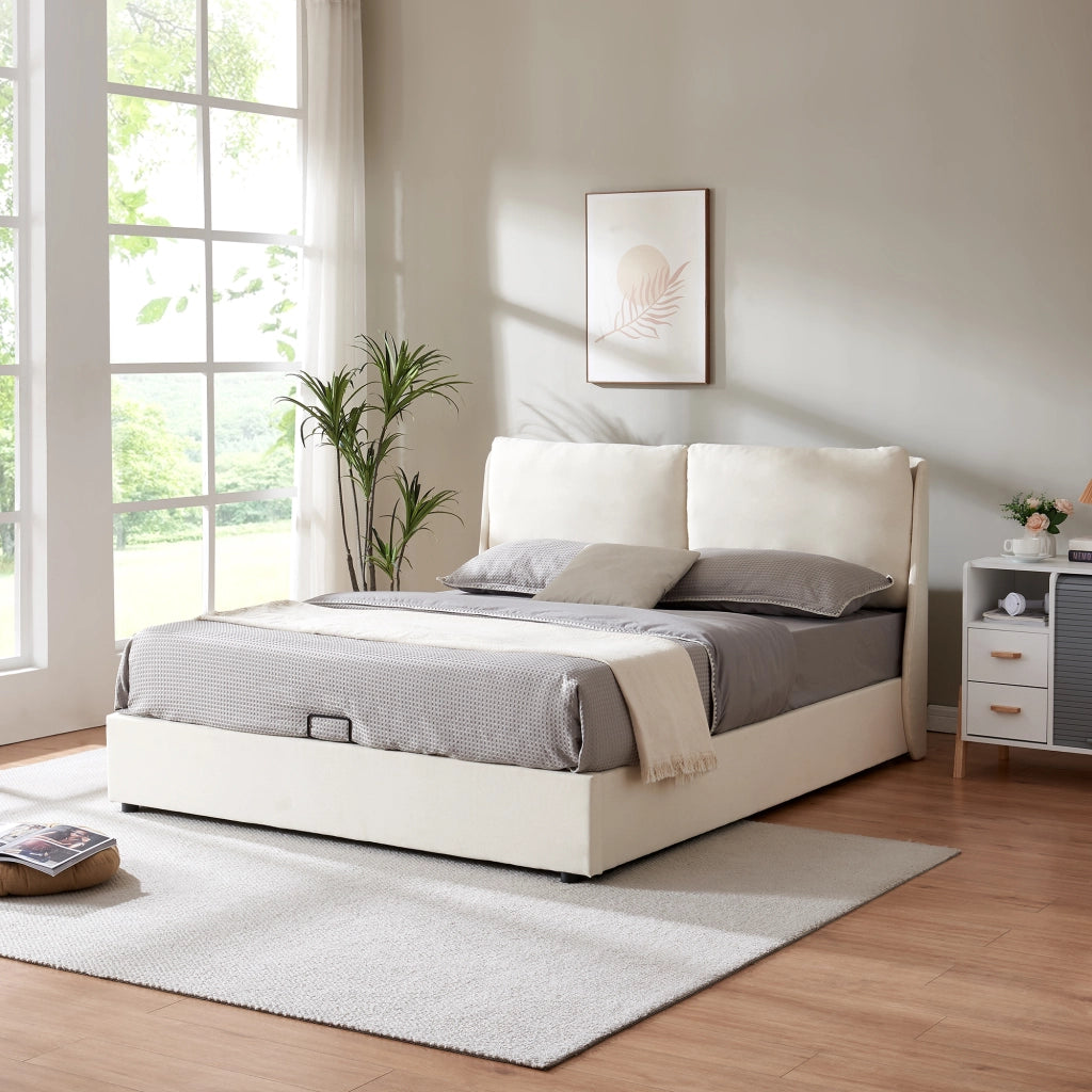 Struttura Letto Matrimoniale Lunner 160 x 200 cm con Contenitore e Testiera Imbottita - Beige [en.casa]