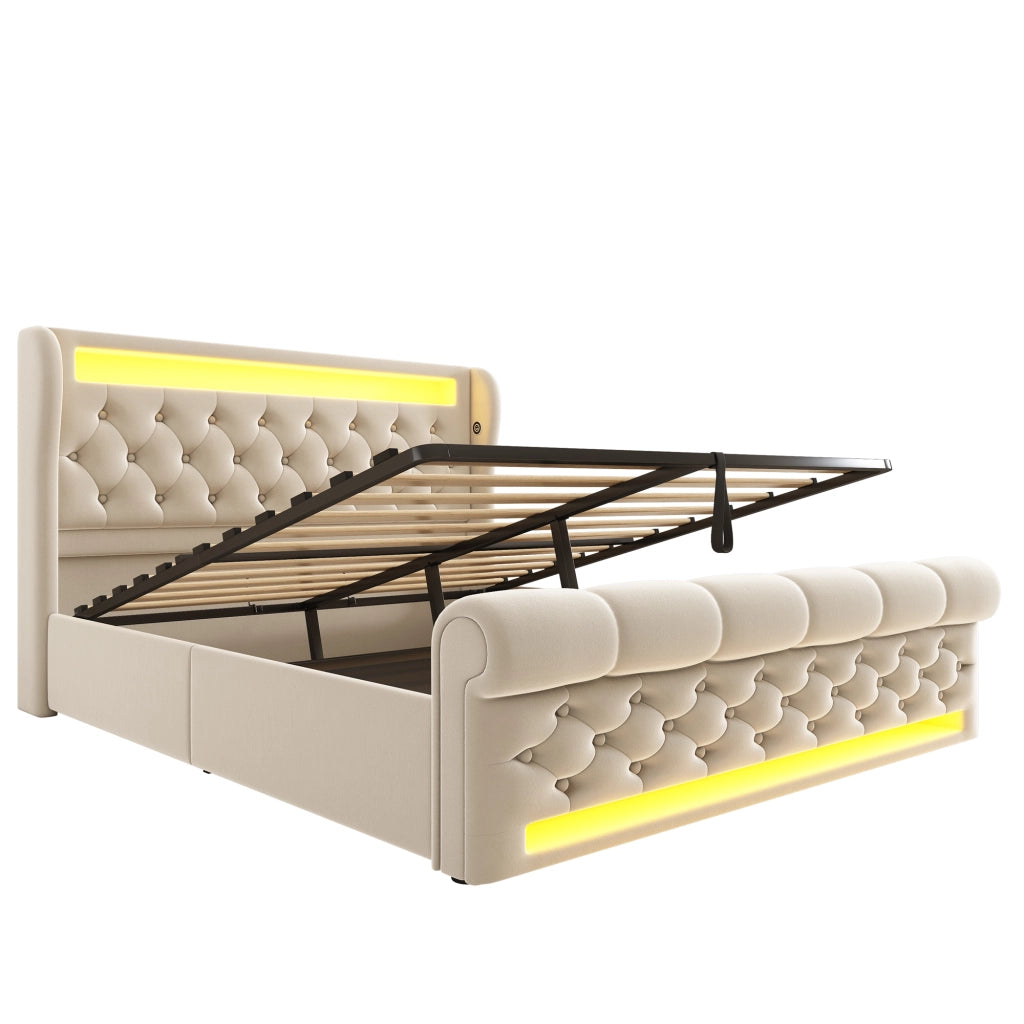 Letti contenitori 140x190 cm con LED; contenitore idraulico e USB Type C velluto beige (Senza materasso)