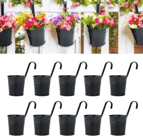Set di vasi da fiore in metallo appesi - 10 pezzi - nero - gancio rimovibile - 10 cm - vasi da fiore - decorazione giardino - balcone - vaso per fiori