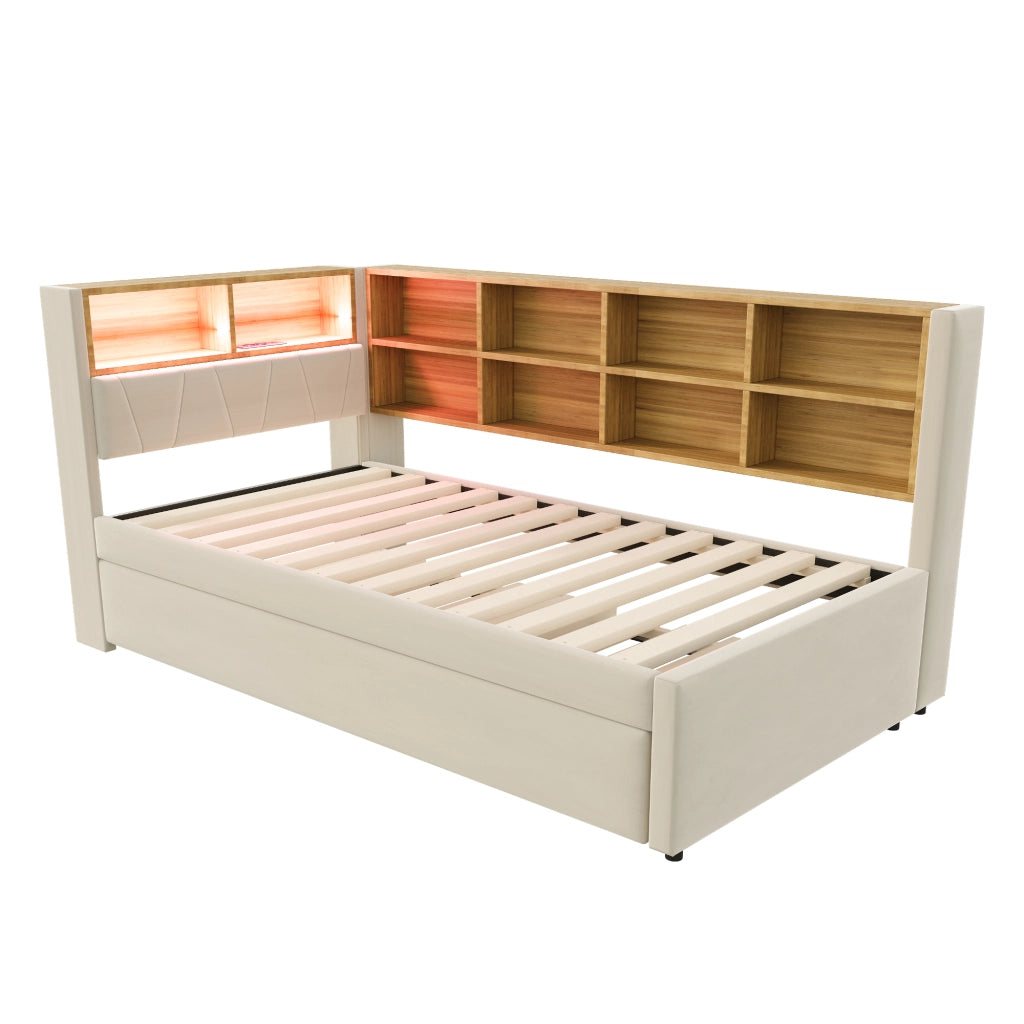 DESMIU Letto estraibile 90 × 200 cm e 90 × 190 cm 2 posti con LED, USB, Type-C e vani, senza materasso, beige