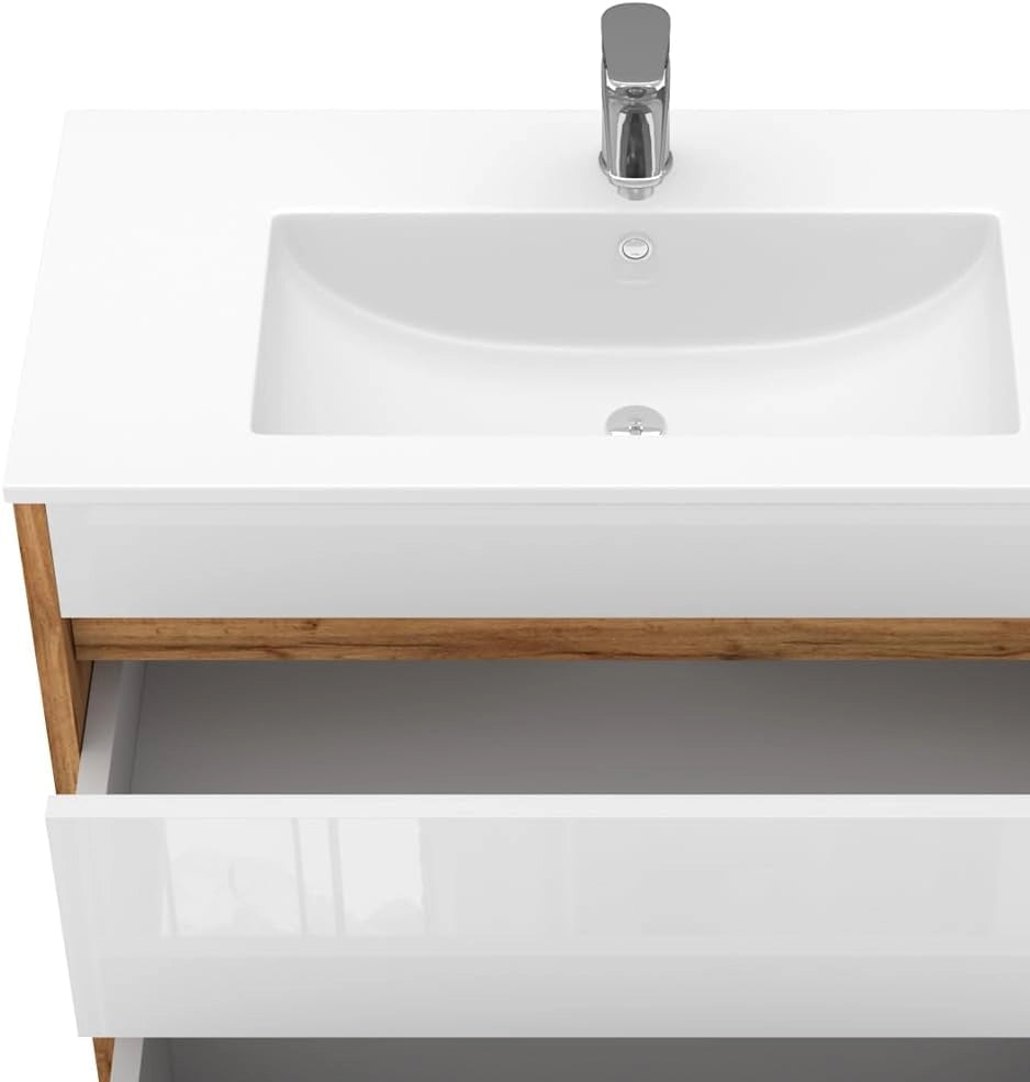 Mobiletto per lavabo Detmold, Quercia dorata, 2 parti, mobile base 80 cm, composto da mobile sottolavabo e lavabo