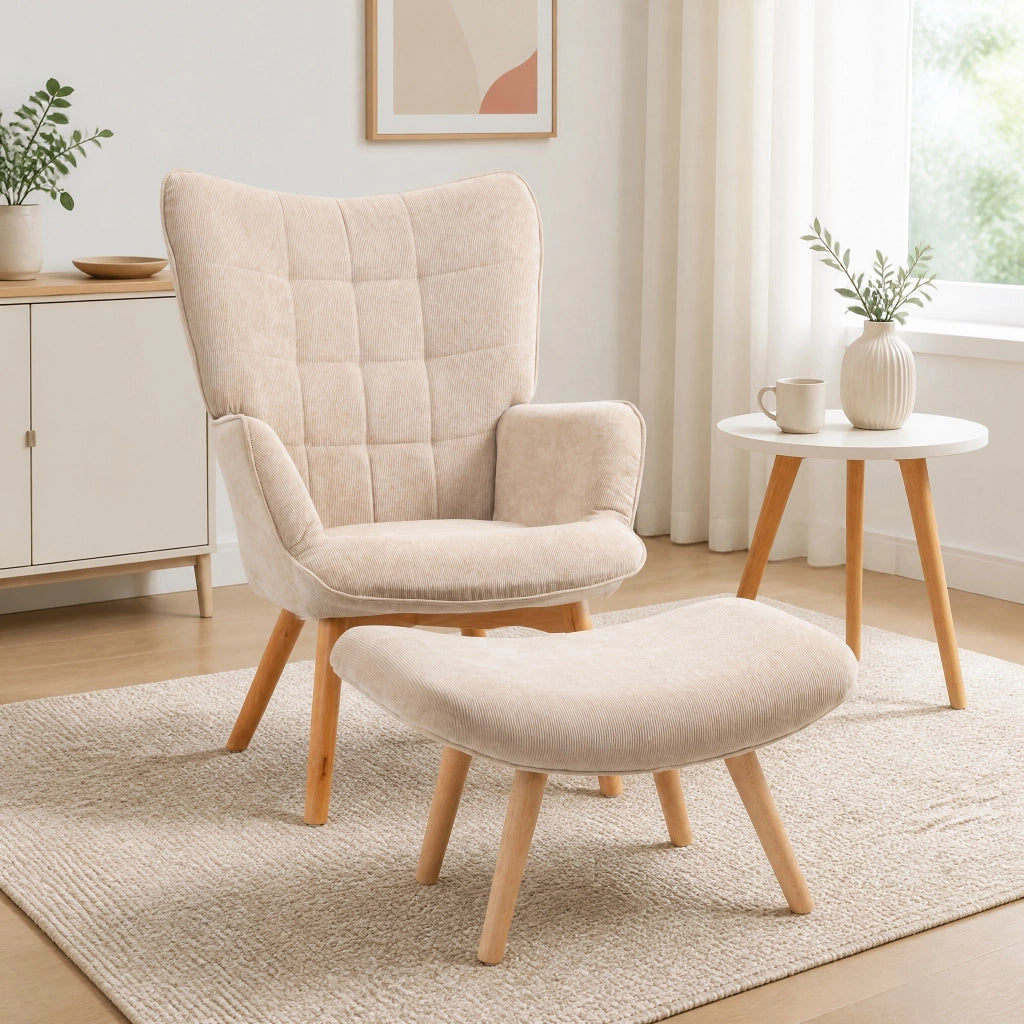 Poltrona con pouf 72x80x101 cm con struttura robusta in corduroy beige