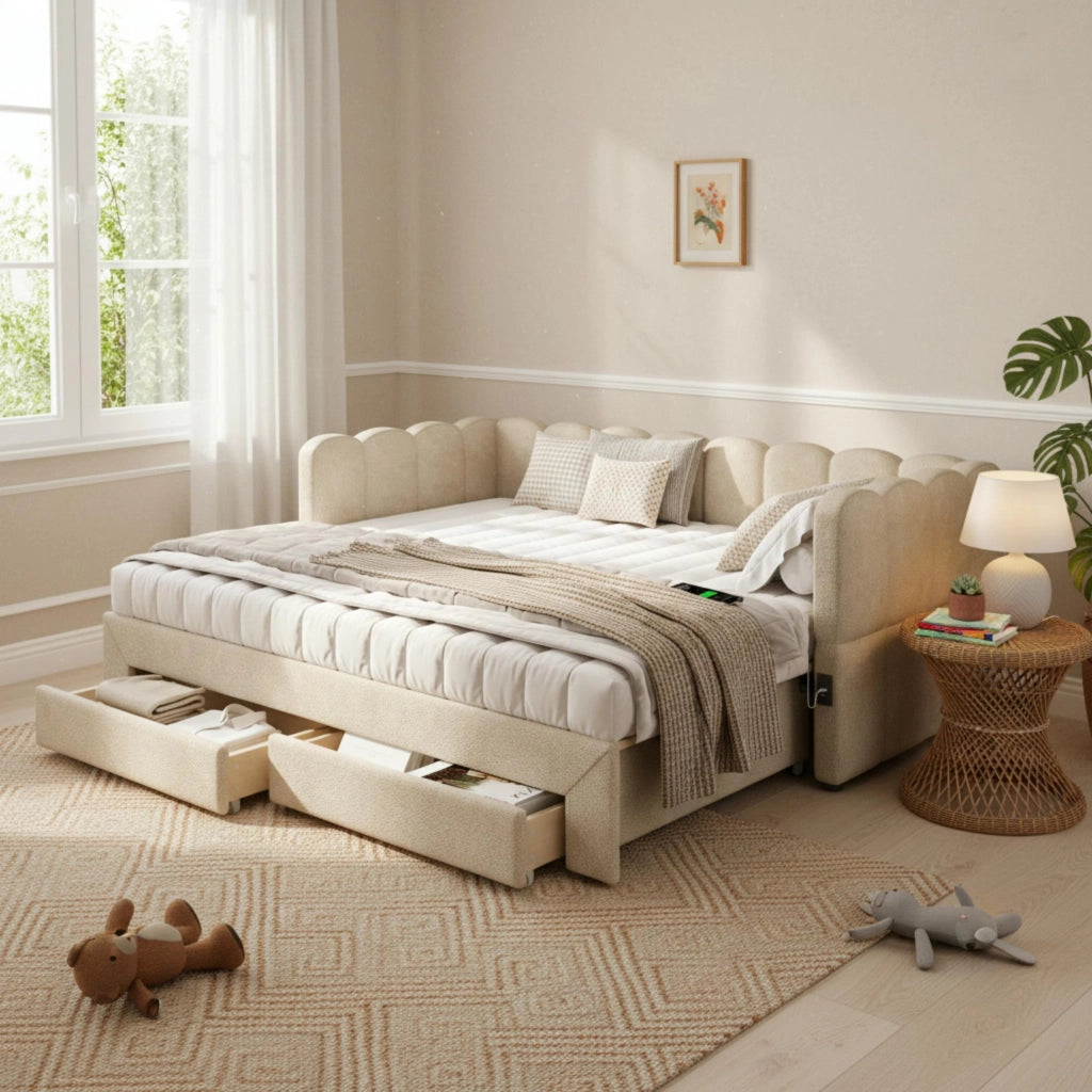 Divano letto con letto estraibile e cassetti, 90x190 cm, chenille beige