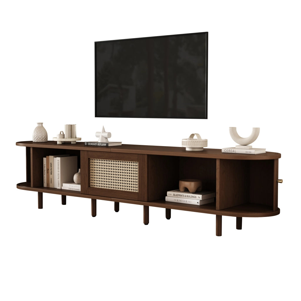 Mobile TV ovale in MDF con finitura noce scuro e dettaglio effetto rattan, 180 cm, 30 kg