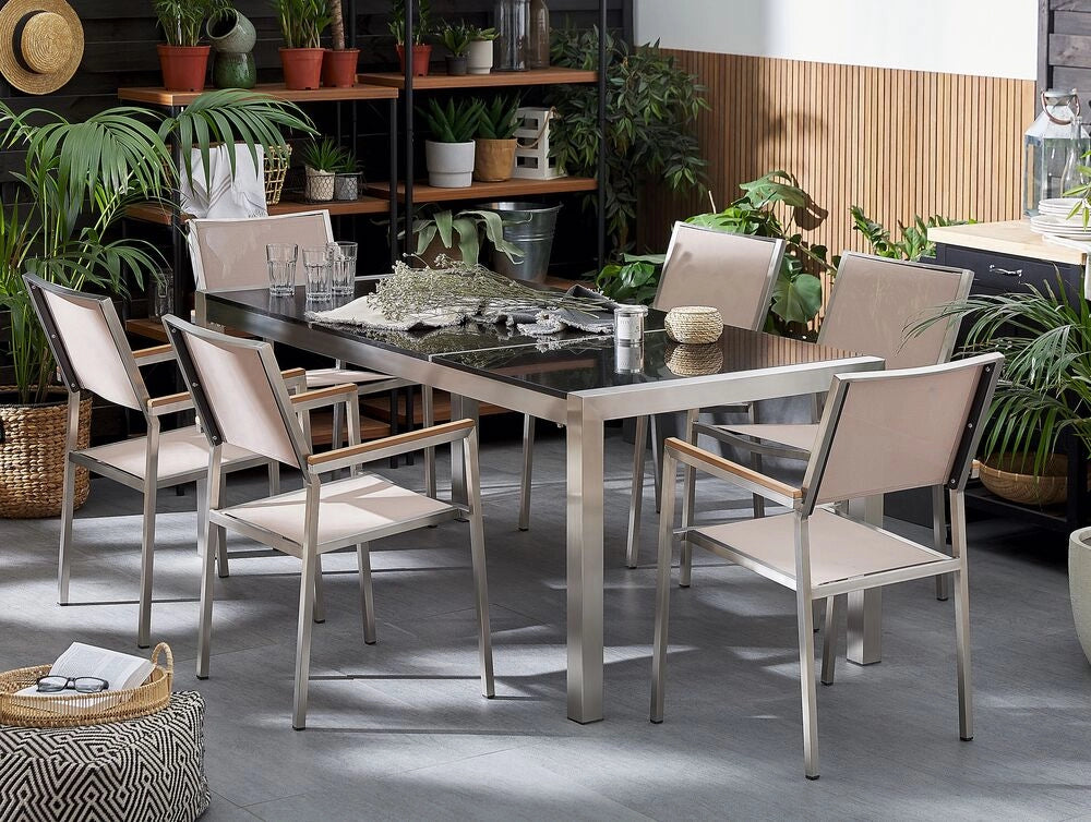 Set da Giardino Tavolo Piano Granito Nero 6 Sedie Beige 180 x 90 cm