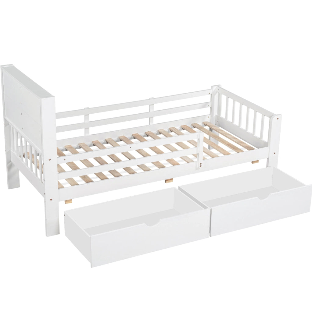 Letto per bambini 90x200 cm con lavagna e cassetti; legno e MDF; bianco (Senza materasso)