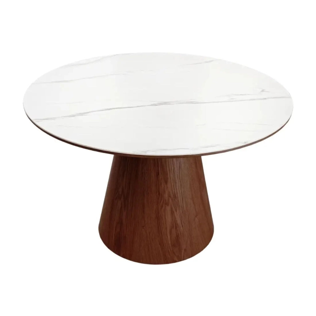 Tavolo da pranzo LUMEA – Rotondo 120 cm – Piano in ceramica effetto marmo bianco – Piede in legno massiccio – Stile contemporaneo