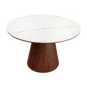 Tavolo da pranzo LUMEA – Rotondo 120 cm – Piano in ceramica effetto marmo bianco – Piede in legno massiccio – Stile contemporaneo