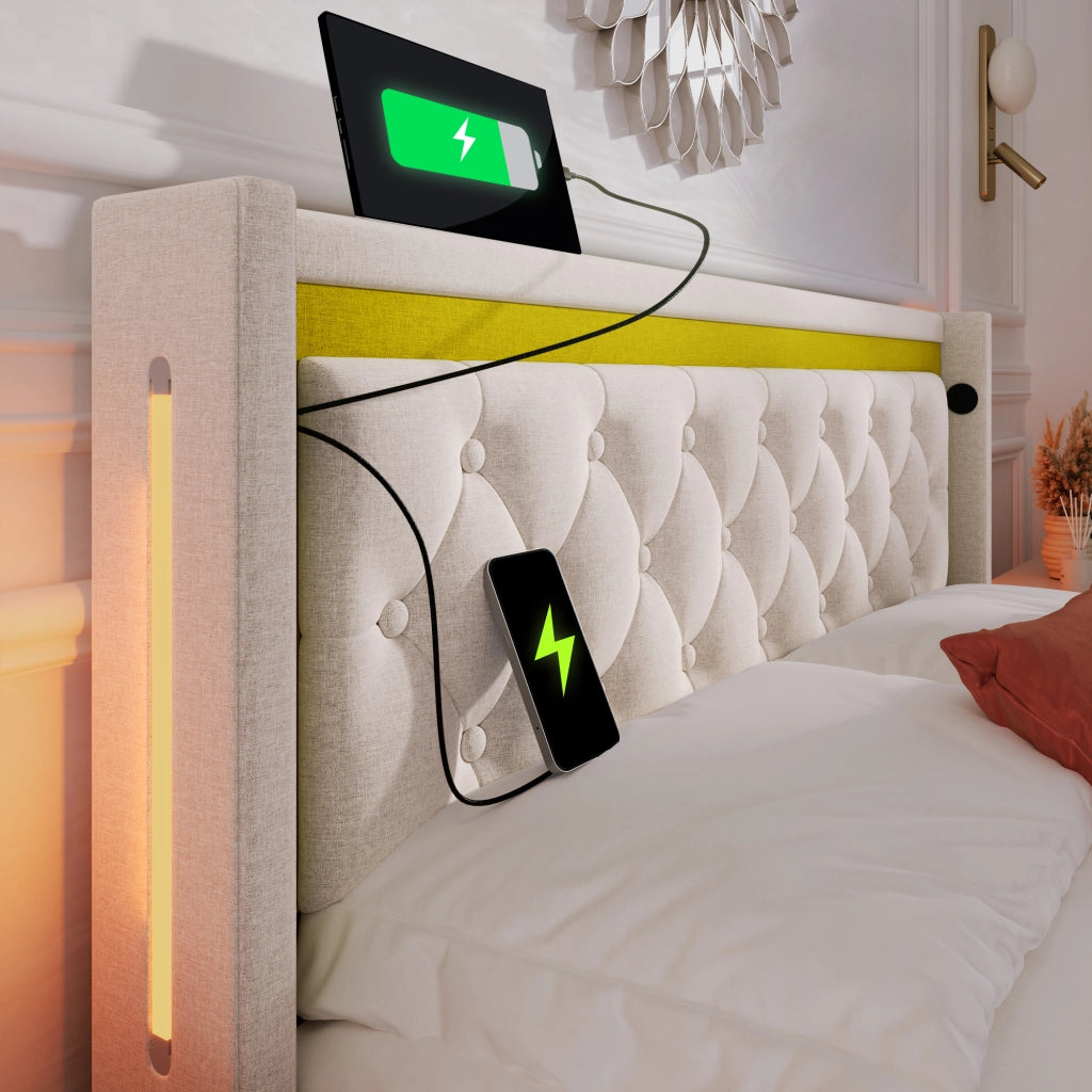LETTO imbottito 140x200 cm Beige con LED, USB+Type C e materasso incluso
