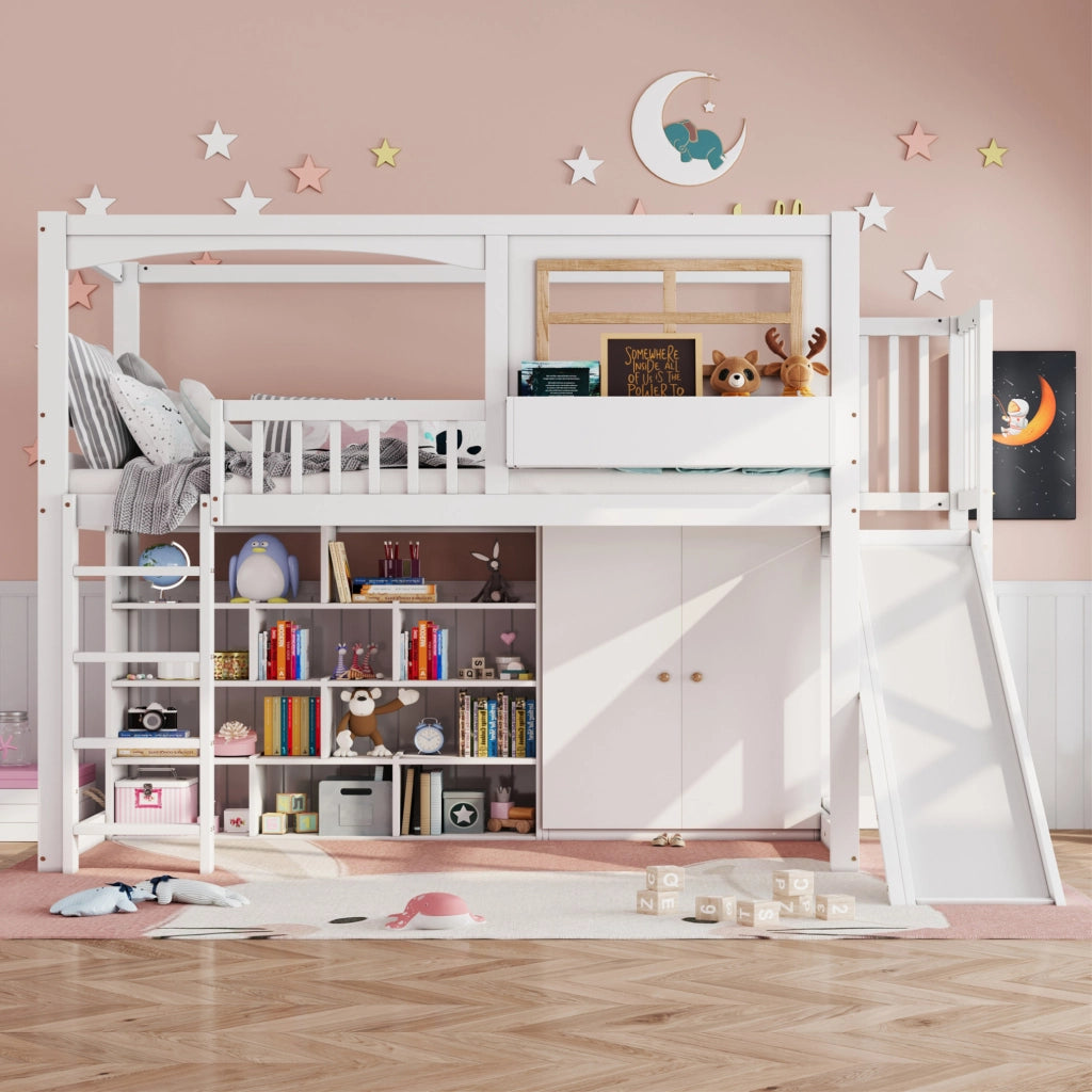 Letto a castello per bambini con scivolo, armadio e scaffali 90x200 cm