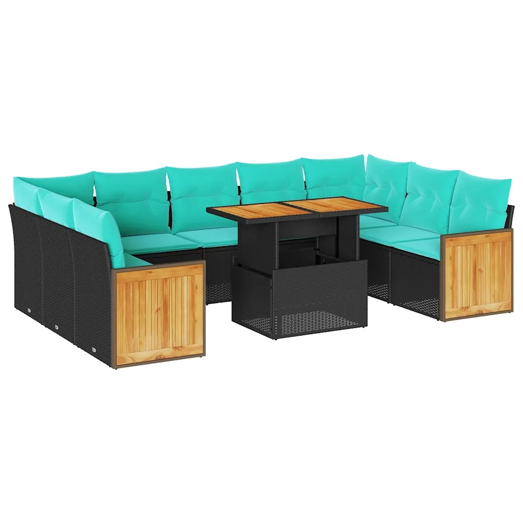 Set Divani Giardino 10pz con Cuscini Nero in Polyrattan Acacia