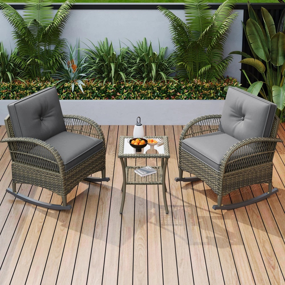 Set balcone 3 pezzi in rattan ¨C Minimal ¨C cuscini grigi, capacit¨¤ di carico 160 kg