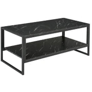 Tavolino da Caffè Nero, Tavolino Effetto Marmo con Ripiano Inferiore, da Soggiorno o Ufficio, Design Moderno, Telaio in Acciaio, 106x50x45cm, Nero