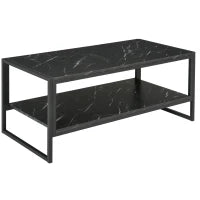 Tavolino da Caffè Nero, Tavolino Effetto Marmo con Ripiano Inferiore, da Soggiorno o Ufficio, Design Moderno, Telaio in Acciaio, 106x50x45cm, Nero