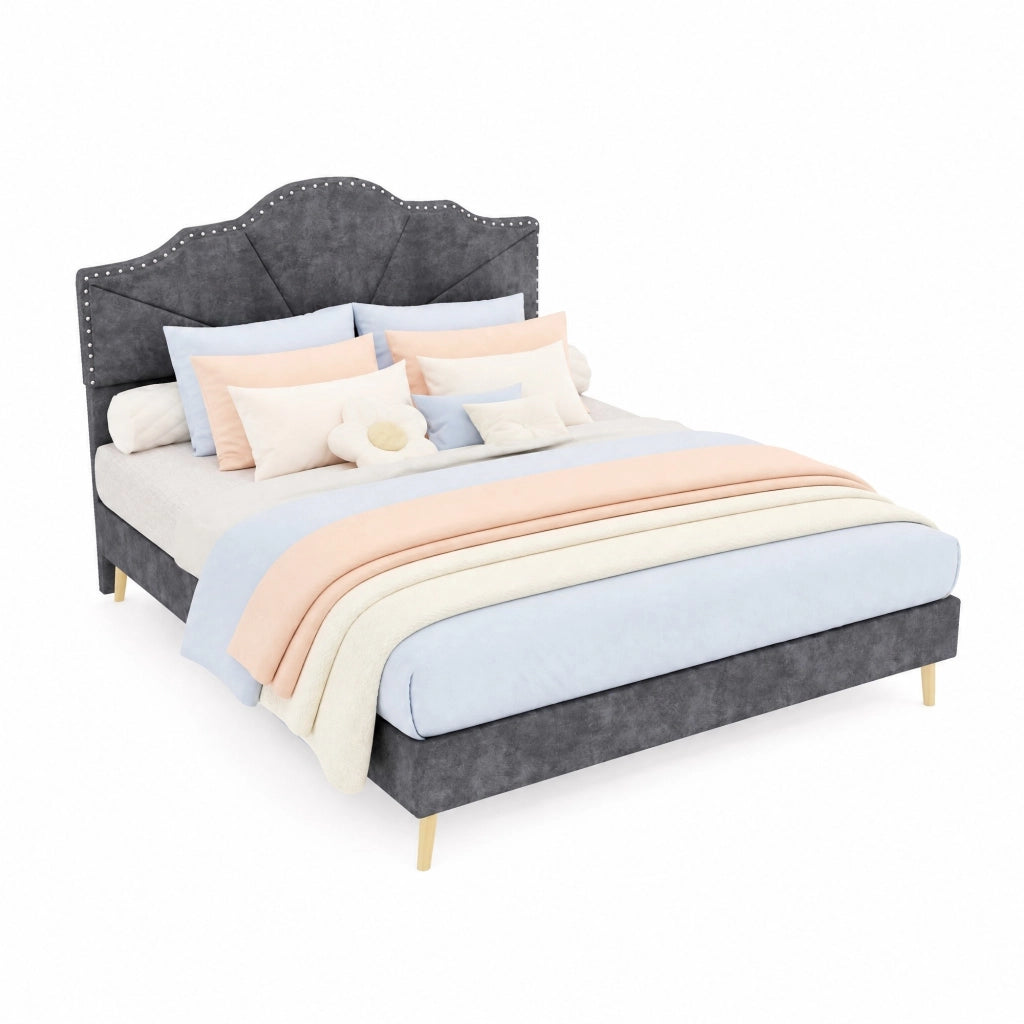 Letto matrimoniale imbottito con testiera geometrica 140x200 cm; grigio
