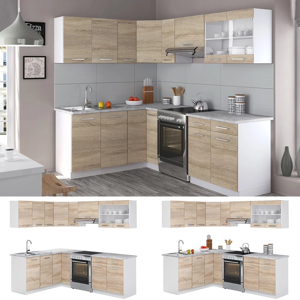 Cucina ad angolo Rick Sonoma/Bianco 227 x 167 cm, PL Marmo con striscia LED Vicco