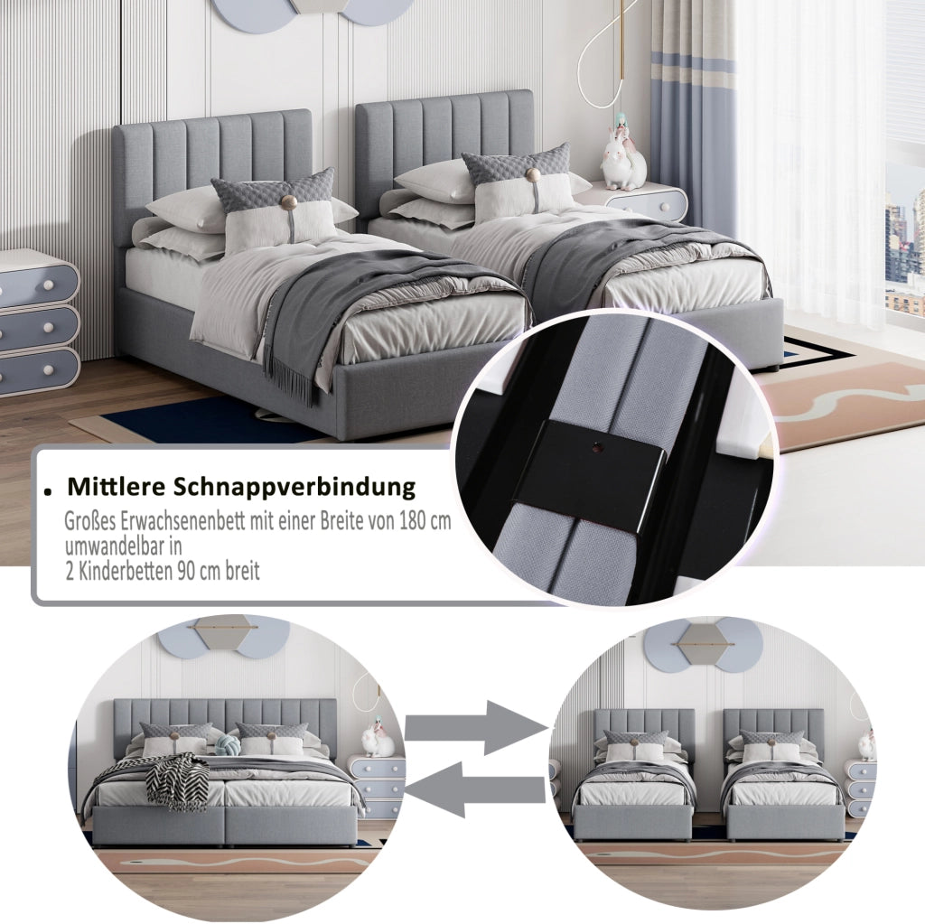 Letto matrimoniale imbottito 180x200 cm con contenitore idraulico; trasformabile in due letti singoli; grigio