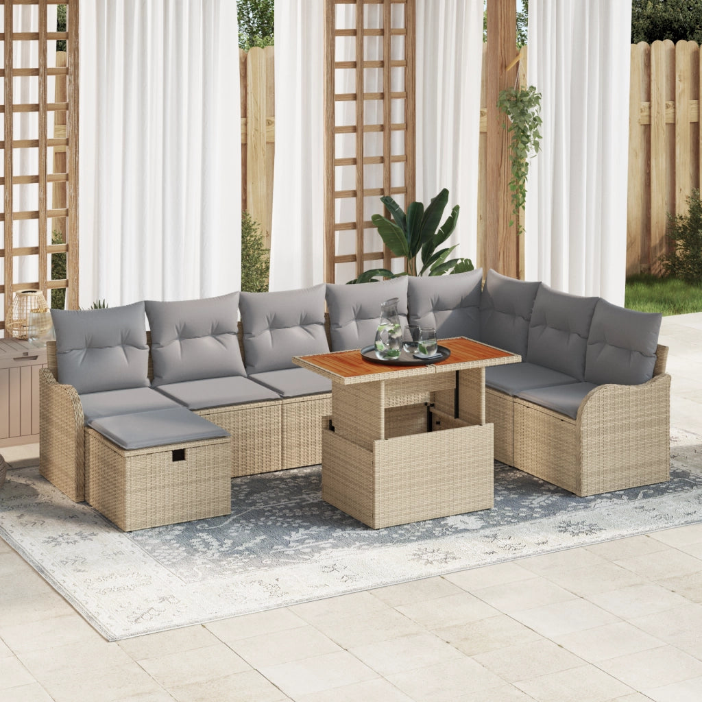 Set Divano da Giardino  9 Pezzi con Cuscini Beige Rattan Sintetico
