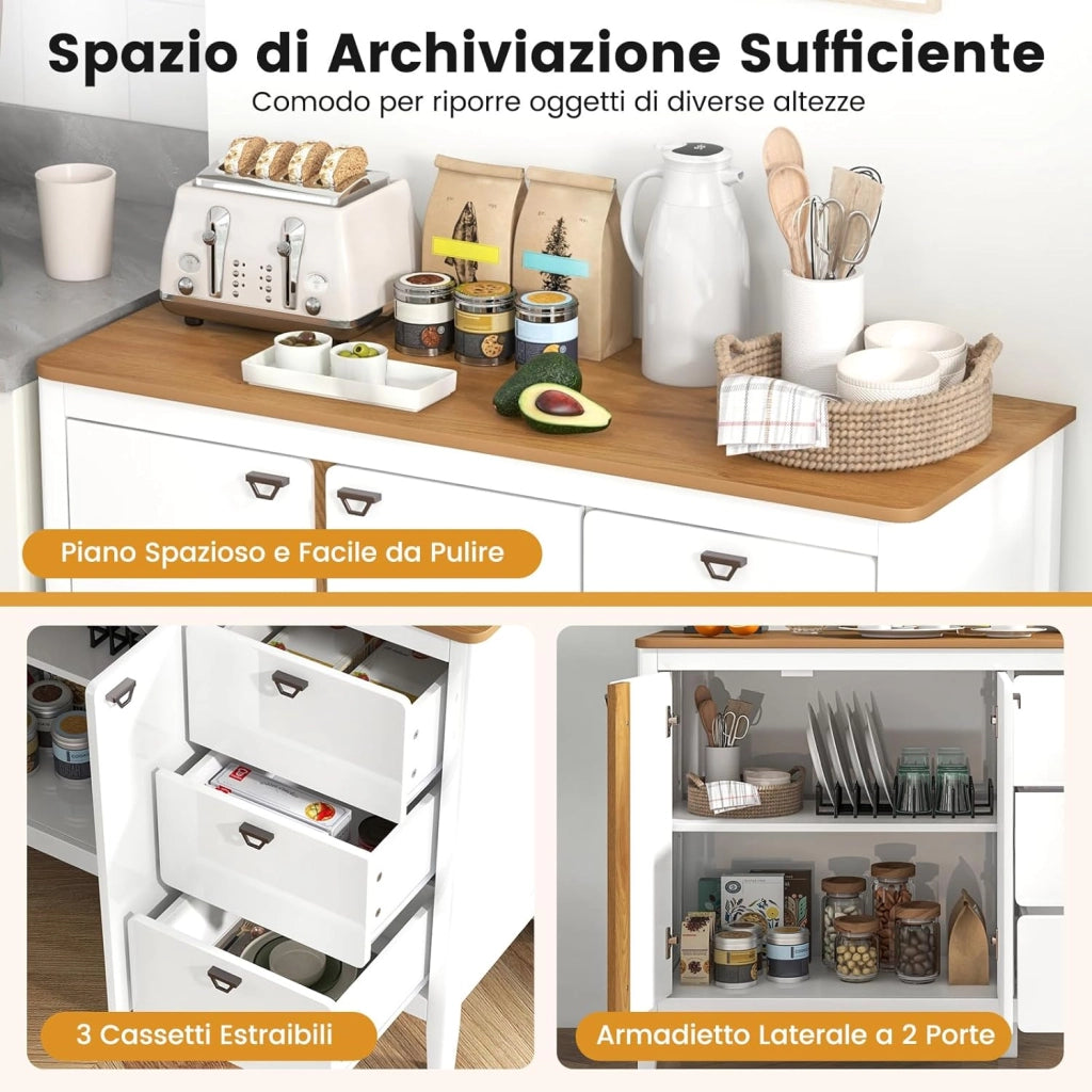 Credenza Buffett da Cucina con Armadietto a 2 Ante con Ripiano Regolabile su 3 Livelli, Mobile da Sala Pranzo con 3 Cassetti, Credenza Salvaspazio per Soggiorno e Salotto, 106 x 40 x 80 cm