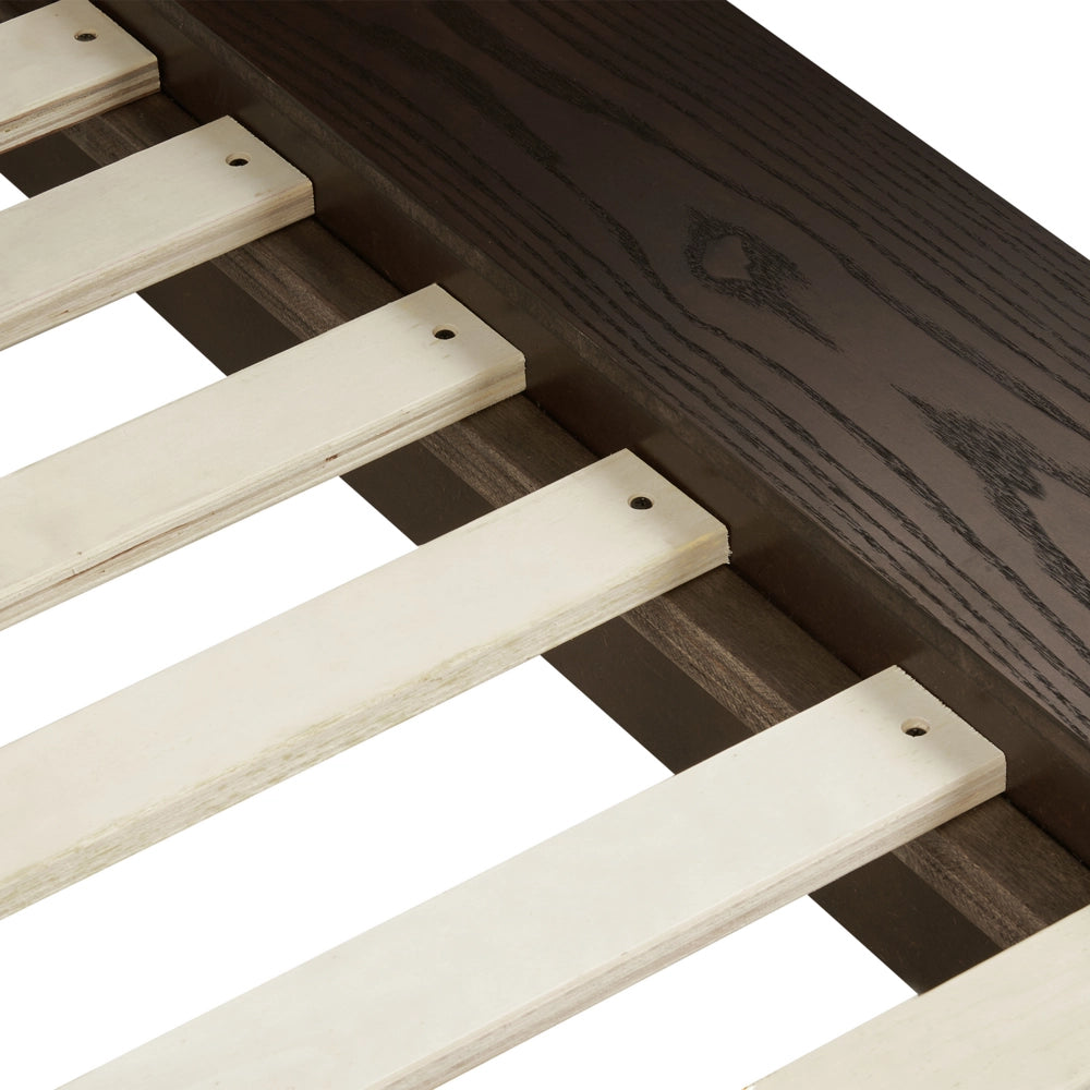 Letto LED in stile giapponese in frassino scuro 160 x 200 cm testata in legno impiallacciato bouclé camera da letto a basso profilo
