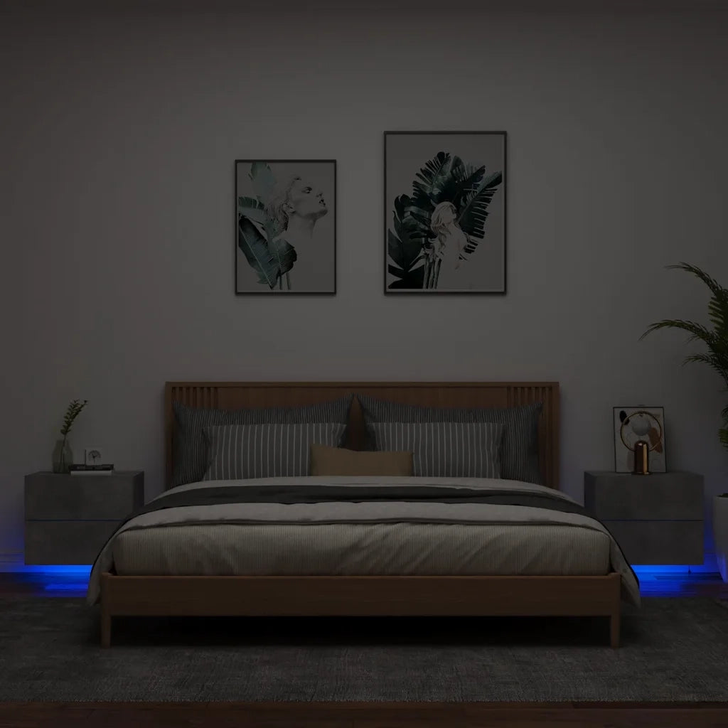 Comodini a Parete con Luci LED 2 pz-Set di 2 Tavolino da notte Grigio Cemento 336024