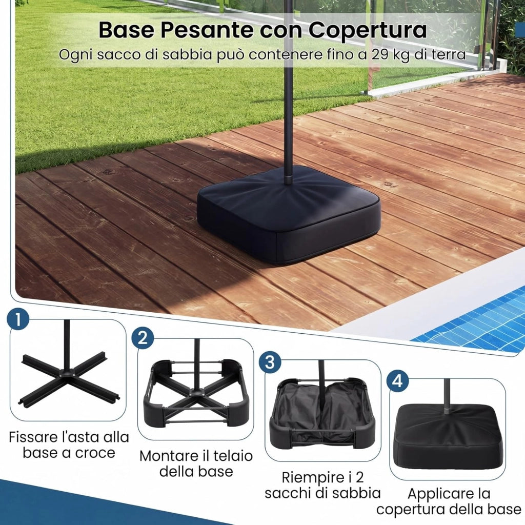 Ombrellone da Giardino Doppio 400 x 200 cm, con 36 Luci LED Solari, Manovella 12 Stecche, Base, Anti-UV, Rettangolare, per Giardino Piscina Cortile (Arancione)