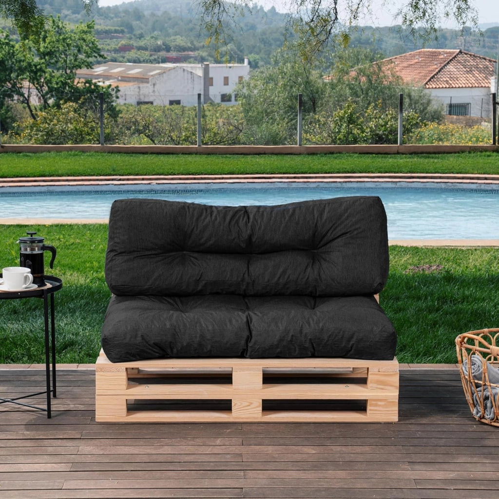 Cuscini per Pallet - Tessuto Idrorepellente e Anti-UV - Molto Confortevole, Imbottito in Schiuma - Cuscini per Divano Esterno Giardino (Seduta 120x80 cm + Schienale 120x40 cm, Nero)