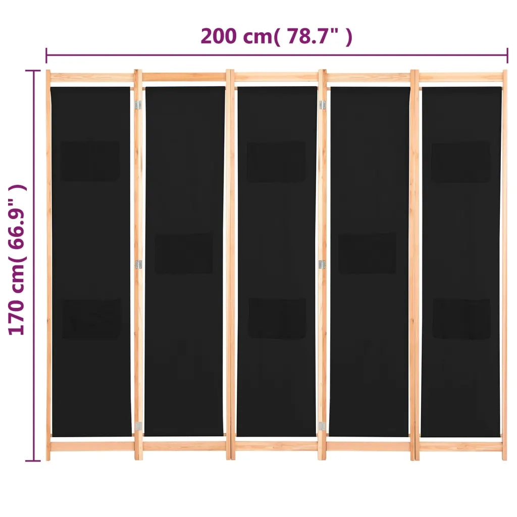 Divisorio a 5 Pannelli Nero 200x170x4 cm in Tessuto cod mxl 67360
