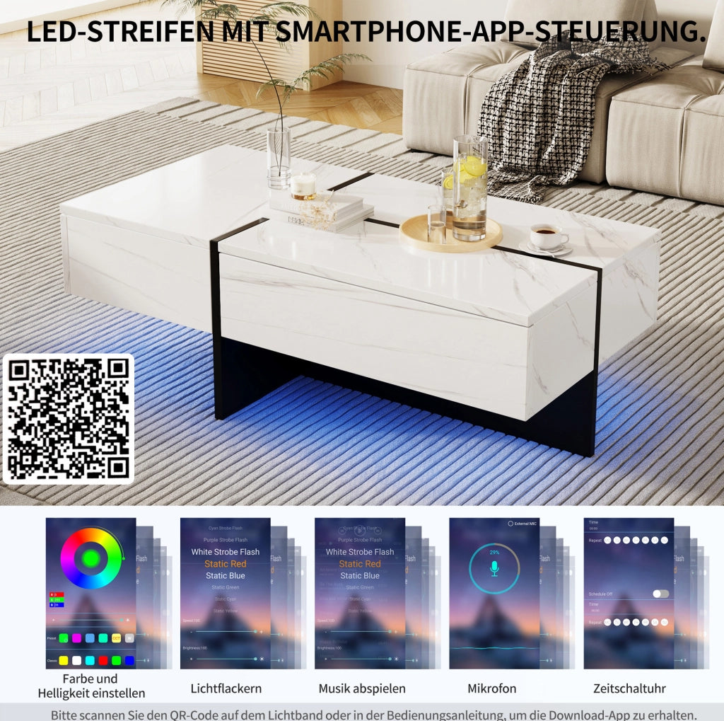 Tavolino da salotto lucido effetto marmo bianco 100 x 50 x 34;5 cm con LED App e 3 cassetti