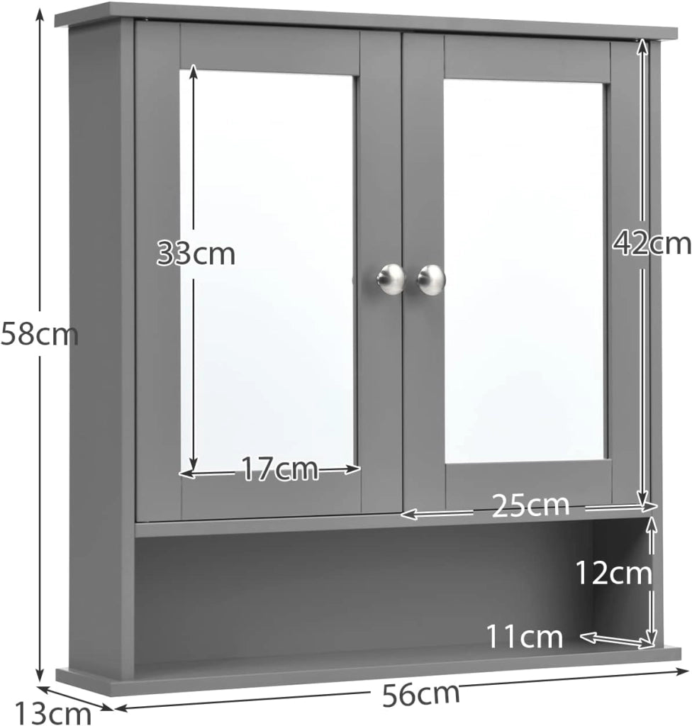 Armadietto Bagno a Parete, Mobiletto Pensile in Legno con 2 Ante di Specchio, 3 Ripiani di Stoccaggio, 3 Colori Disponibili, 56x13x58cm
