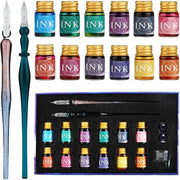 Set di pennarelli in vetro - 2 pennarelli in vetro, 12 inchiostri multicolori, 1 supporto per pennarelli e 1 contenitore per pulizia - per biglietti di auguri, cartoline, firme, calligrafia, disegno, scrittura