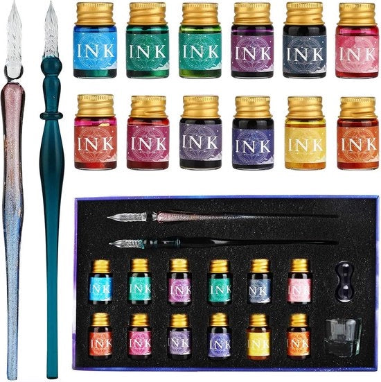 Set di pennarelli in vetro - 2 pennarelli in vetro, 12 inchiostri multicolori, 1 supporto per pennarelli e 1 contenitore per pulizia - per biglietti di auguri, cartoline, firme, calligrafia, disegno, scrittura