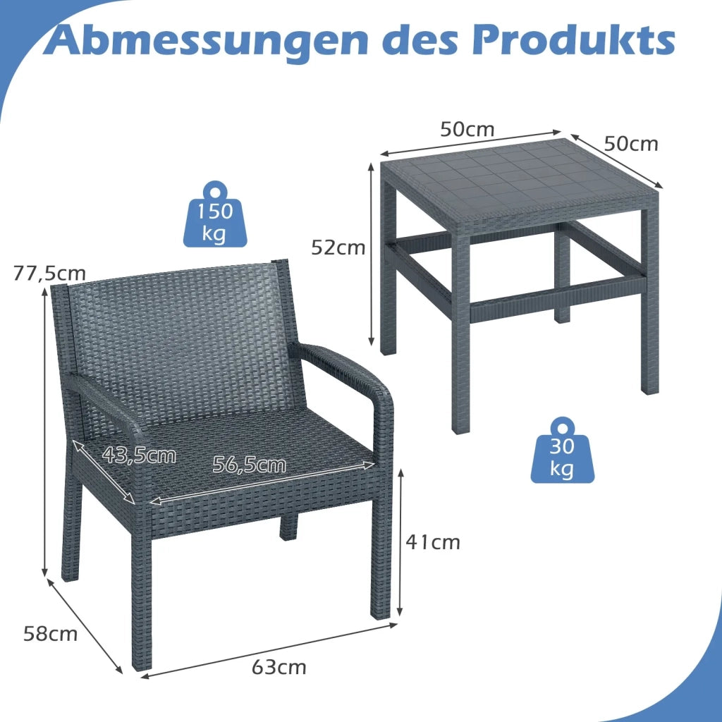 Set mobili da giardino 3 pezzi in resina effetto rattan, 2 sedie e tavolino per balcone e terrazza, grigio, resistente