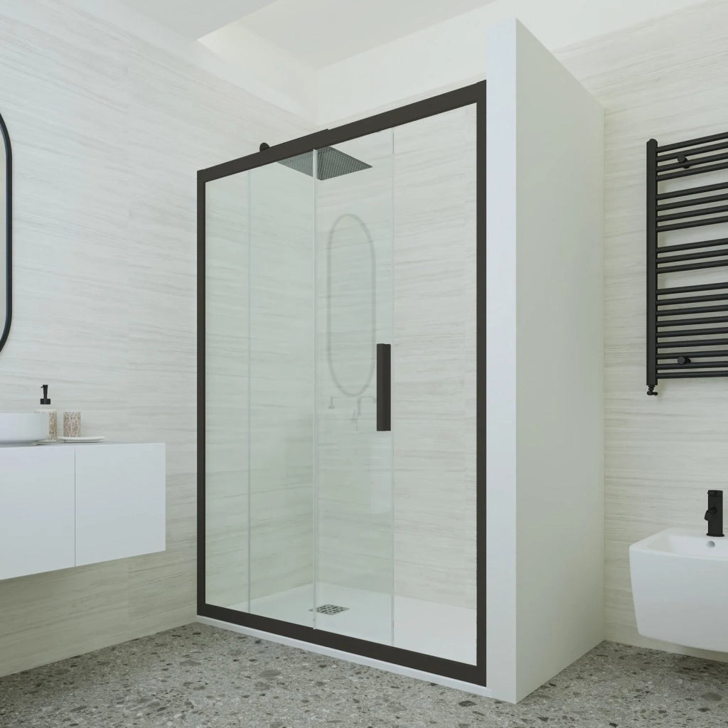 Porta doccia scorrevole 140 CM H 200 Vetro Trasparente Profilo Nero Matt mod. Deco