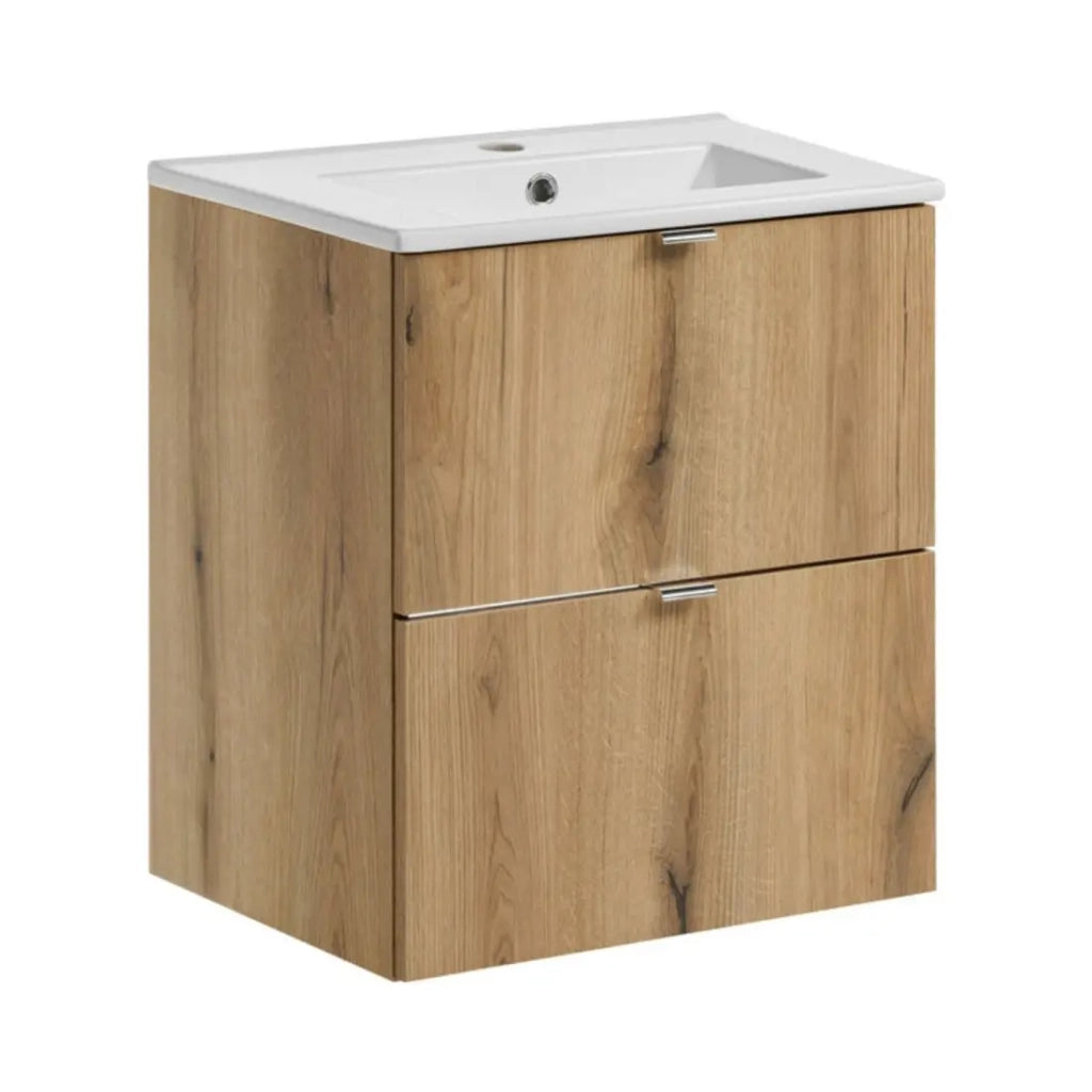 Set da bagno sospeso VANO in rovere e bianco 50cm: mobile sotto lavabo con cassetti + lavabo incassato