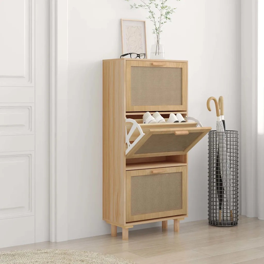 Scarpiera-Scaffale per scarpe Marrone 52x25x115 Legno Multistrato e Rattan Naturale